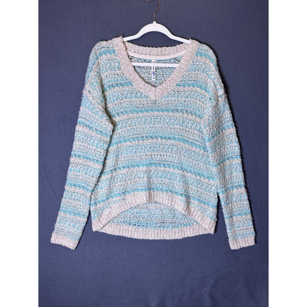 Aeropostale Sweater Women Large Teal Blue Striped V-Neck High-Lowโ Boho Knit